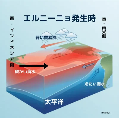 エルニーニョ発生時を表す図。水温変化