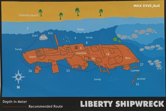 バリ島トランベンに沈むリバティ号の地図