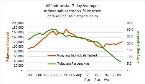 イインドネシアのコロナ検査数（7日間移動平均）vs陽性者％