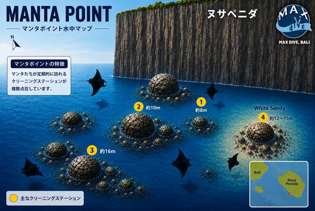 マンタポイントの水中マップ、バリ島ヌサペニダ