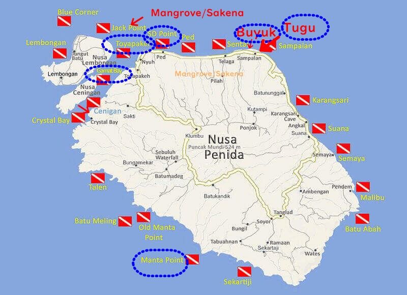 バリ島ヌサペニダのダイビングポイントマップ